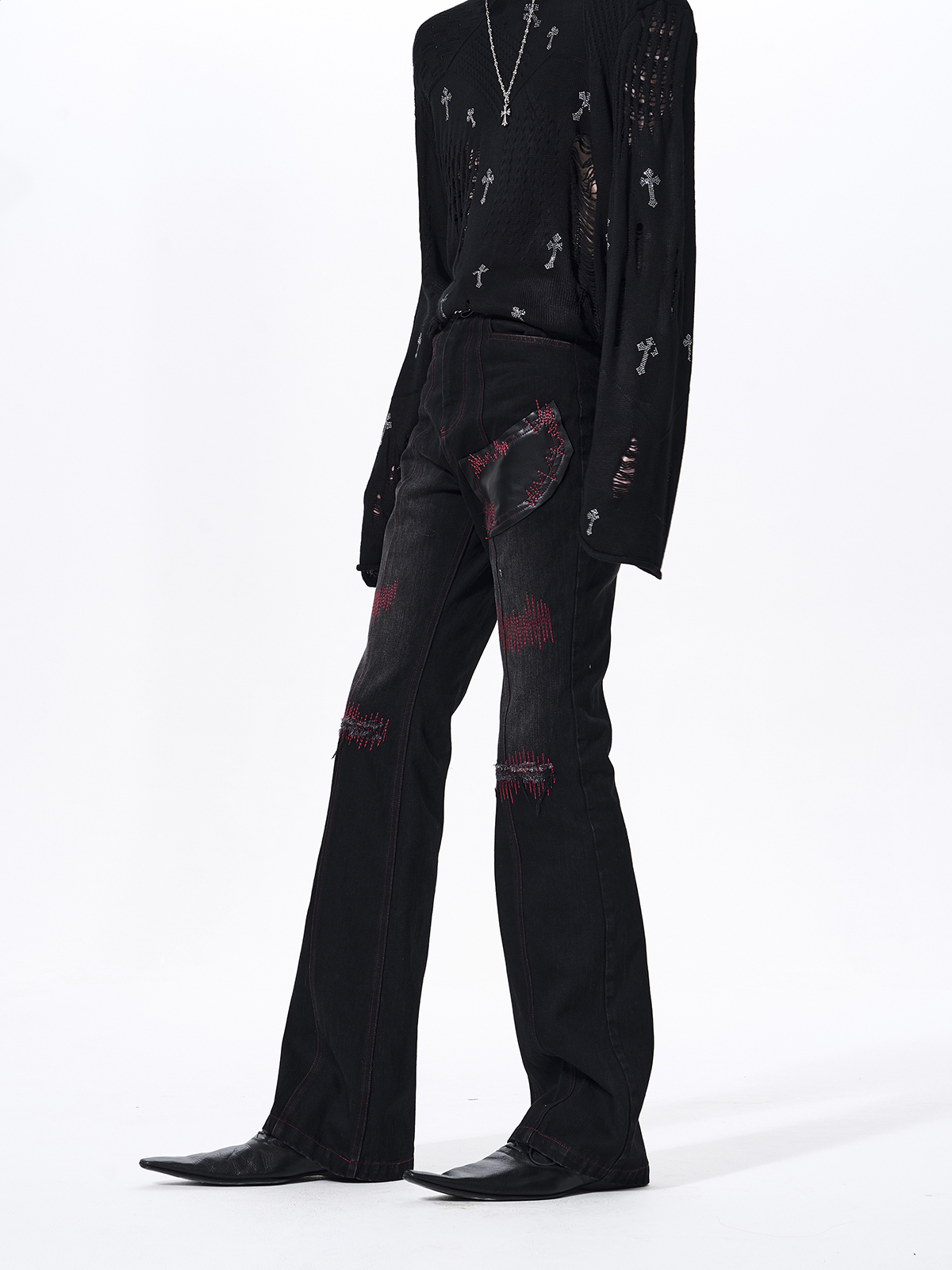 DISTRESSED SOUNDWAVE LEATHER PATCHWORK FLARED JEANS