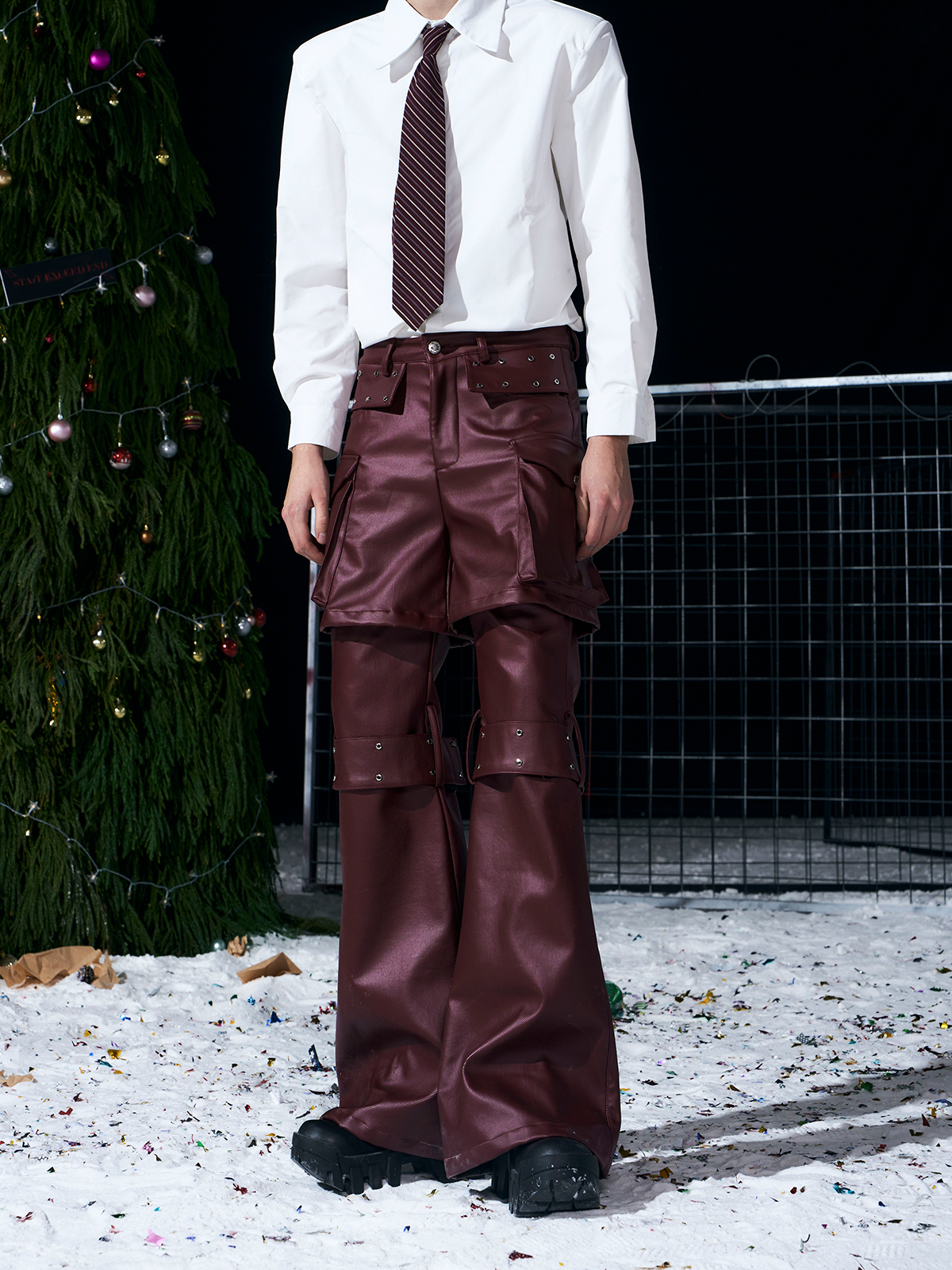 DECONSTRUCTED 2-IN-1 RIVET CARGO LEATHER PANTS-BURGUNDY