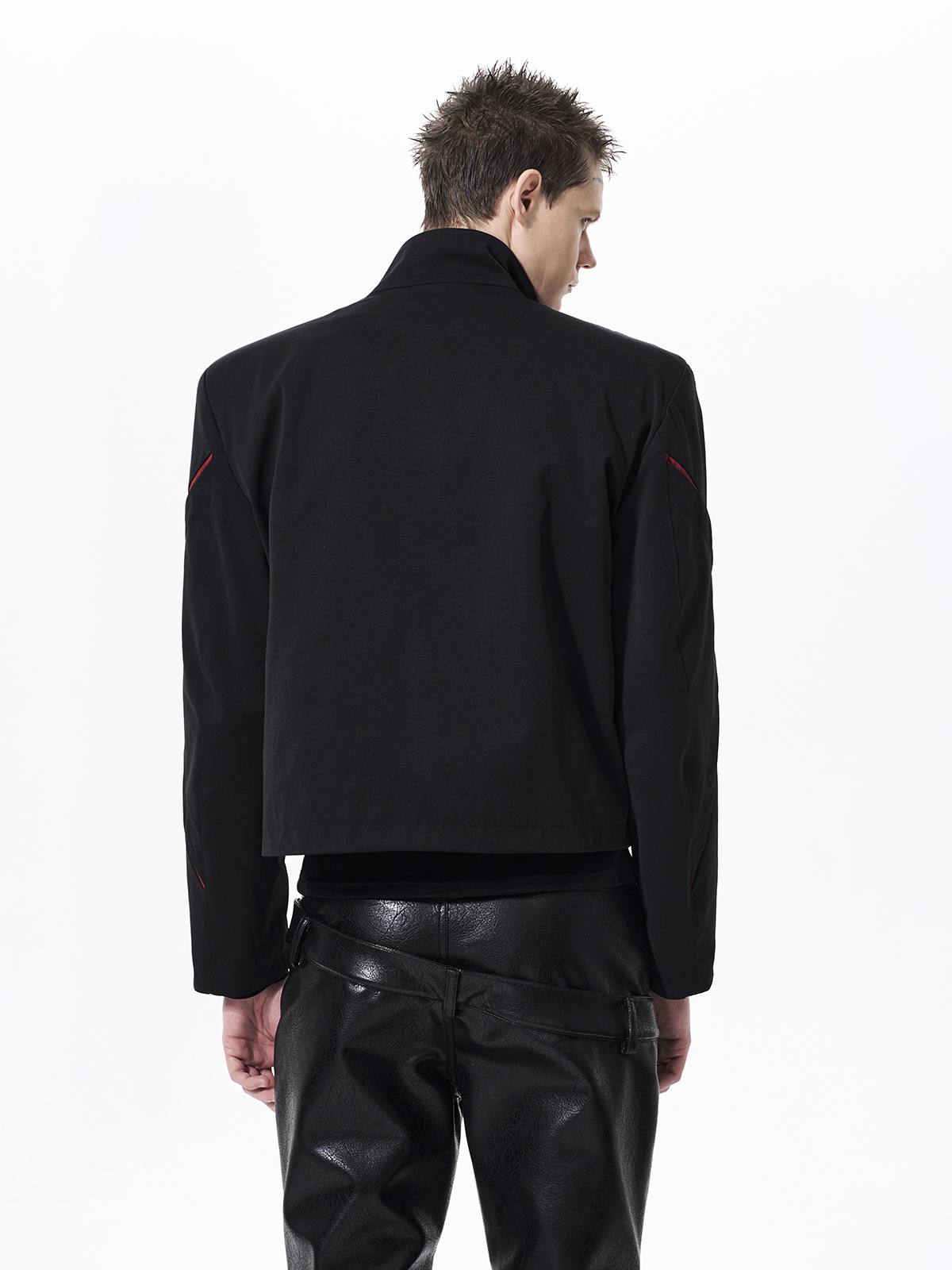 GEOMETRIC PANELED STAND COLLAR JACKET