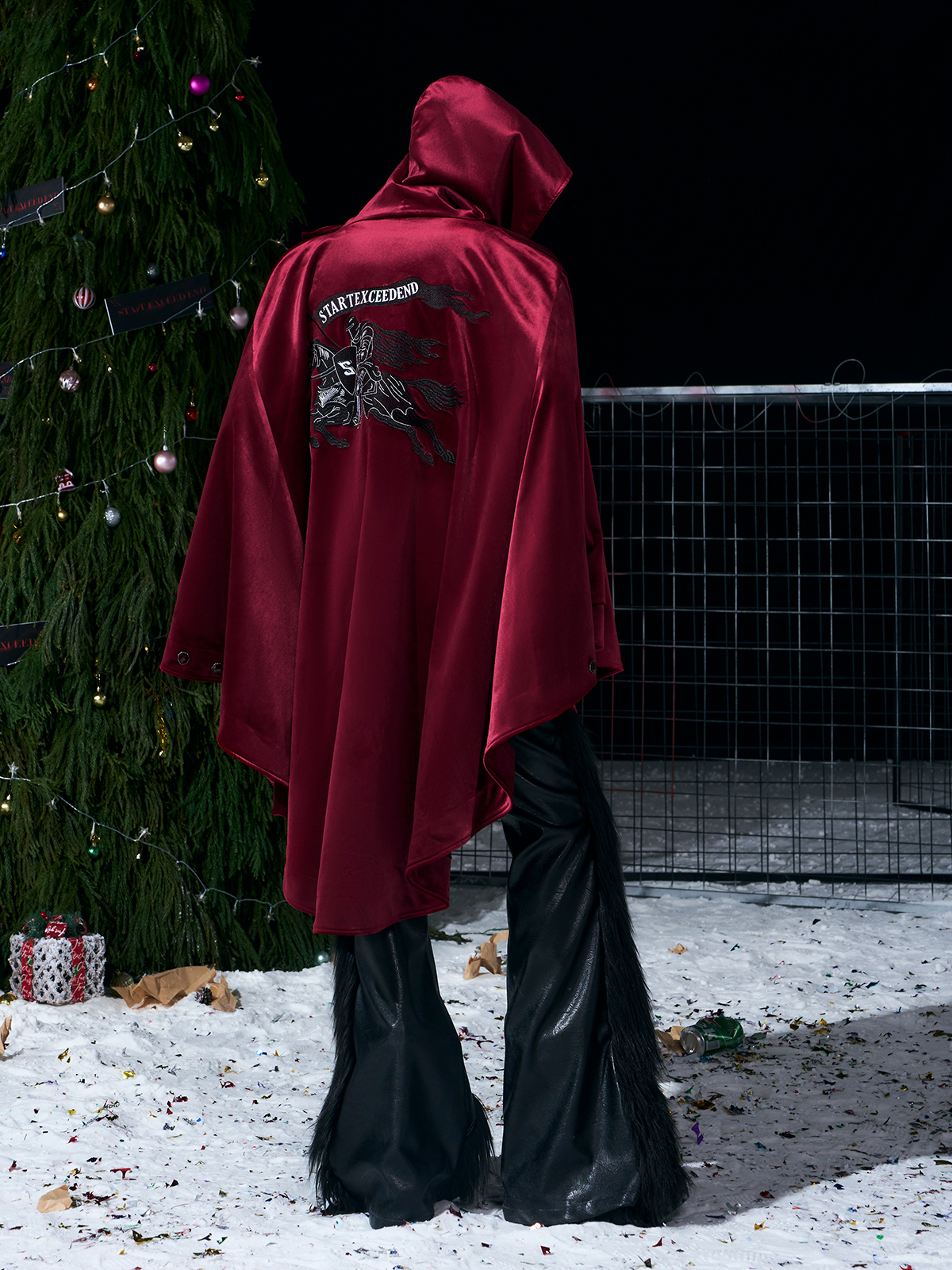 WARHORSE EMBROIDERED VELVET HOODED CLOAK-BURGUNDY