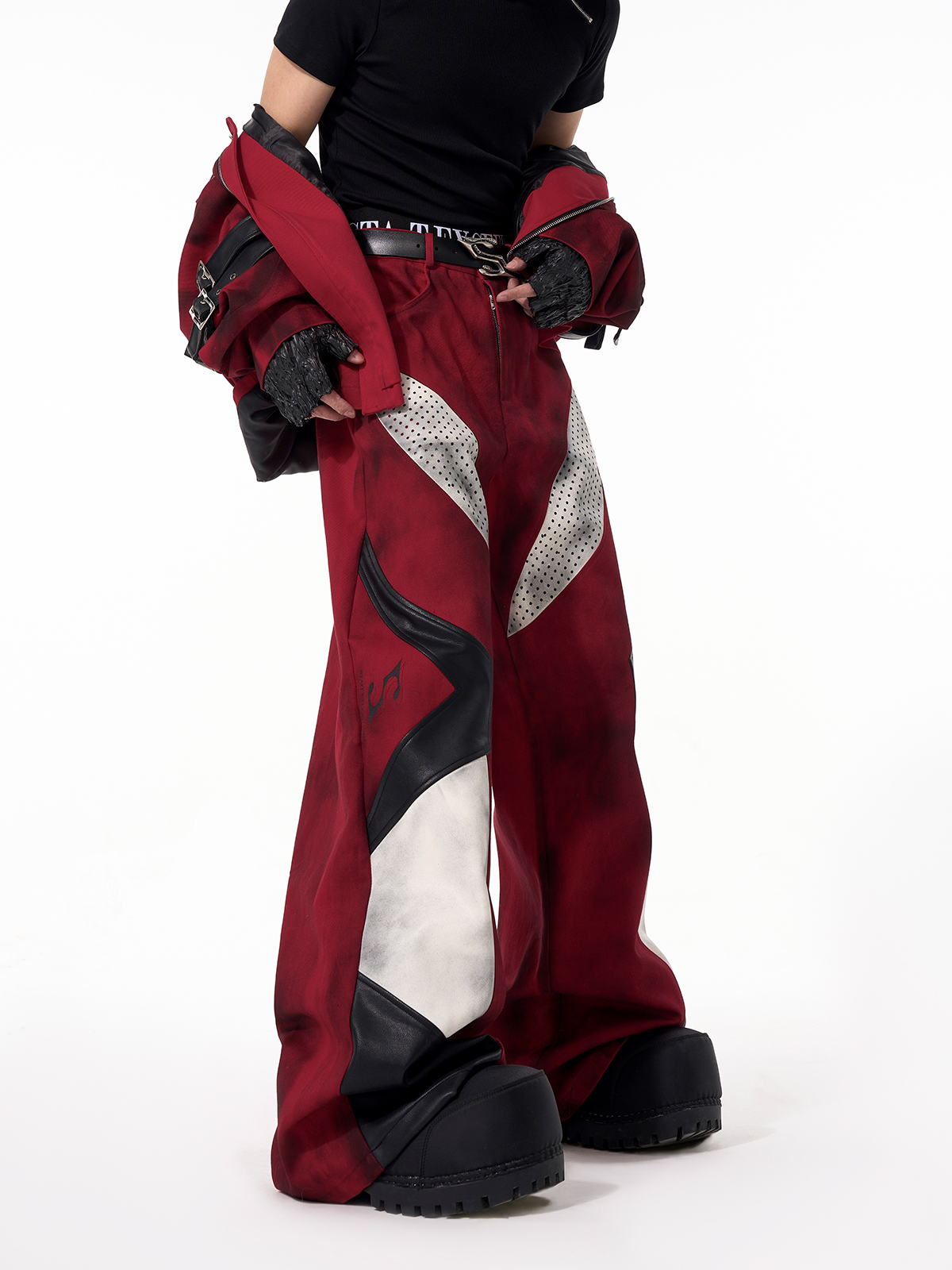 DISTRESSED RED CYBER-MOTO JACKET & PANTS SET-START EXCEED END