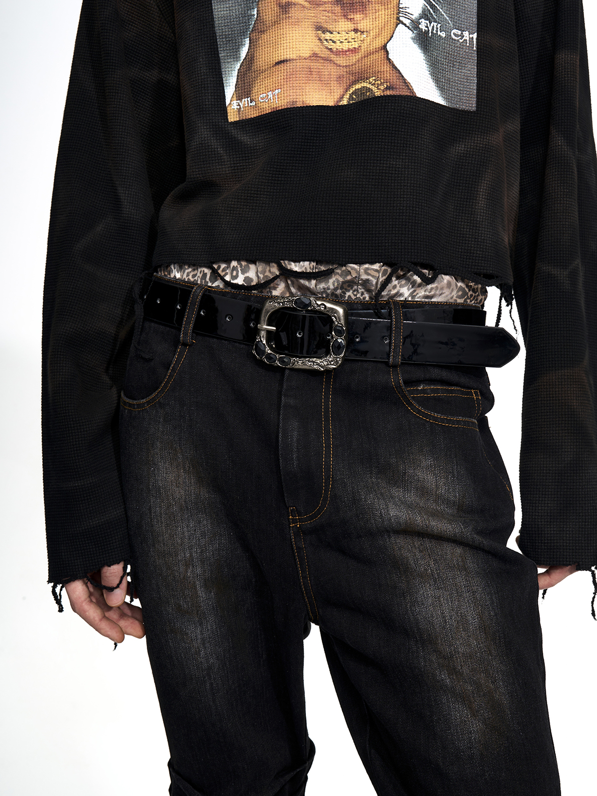 VINTAGE GEMSTONE BUCKLE LEATHER BELT-BLACK