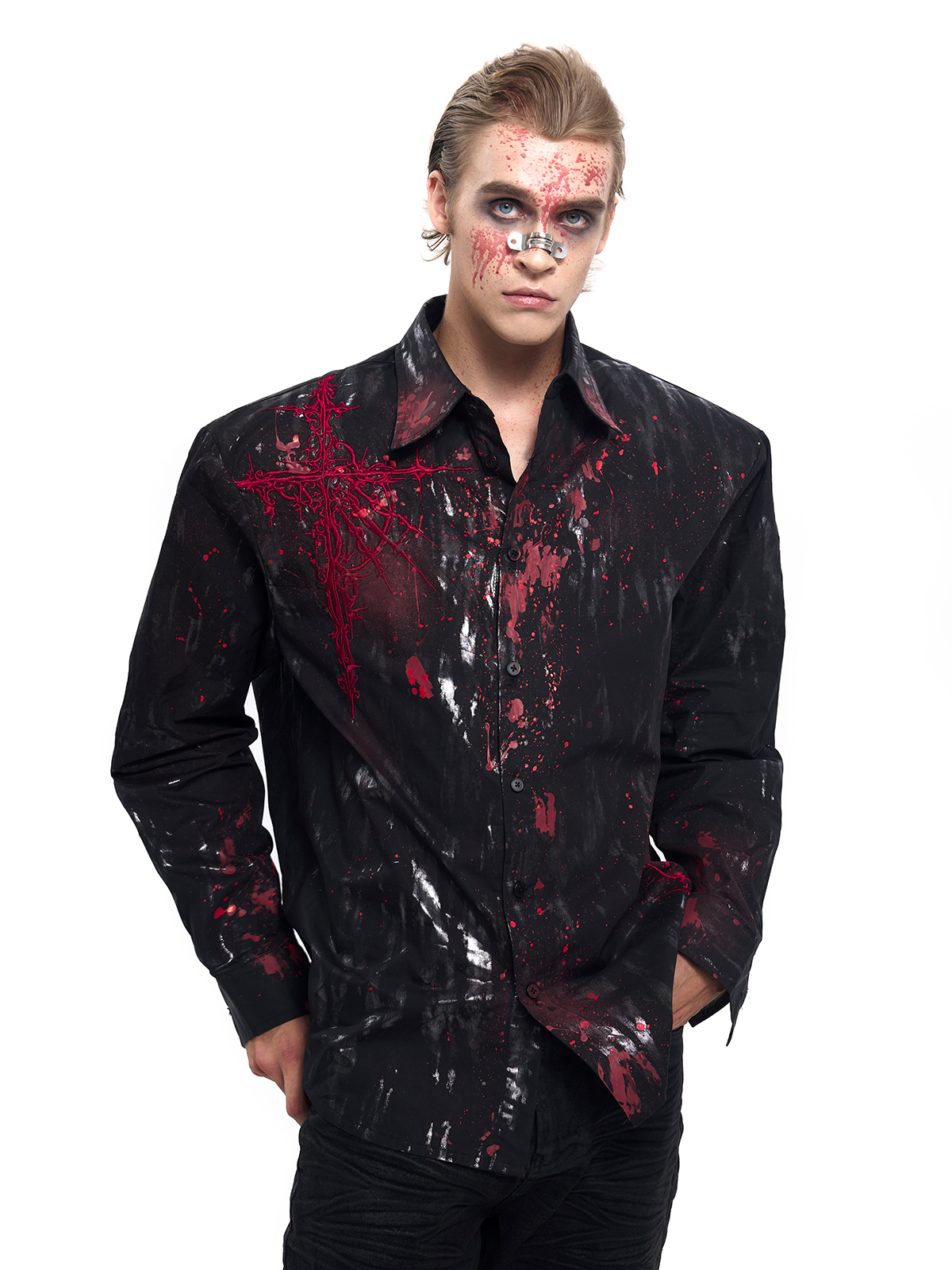 CRIMSON SPLATTER THORN CROSS SHIRT-START EXCEED END