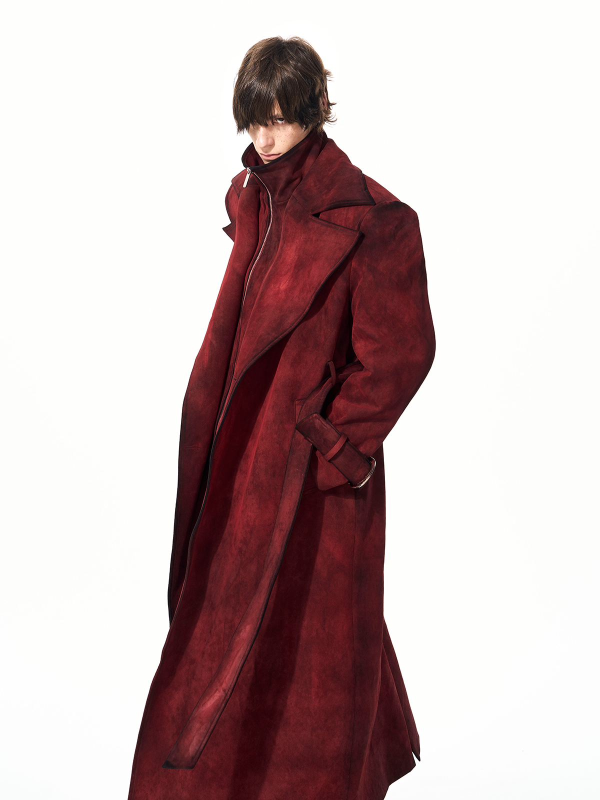 BLOOD RED DISTRESSED SUEDE BELTED TRENCH COAT-START EXCEED END