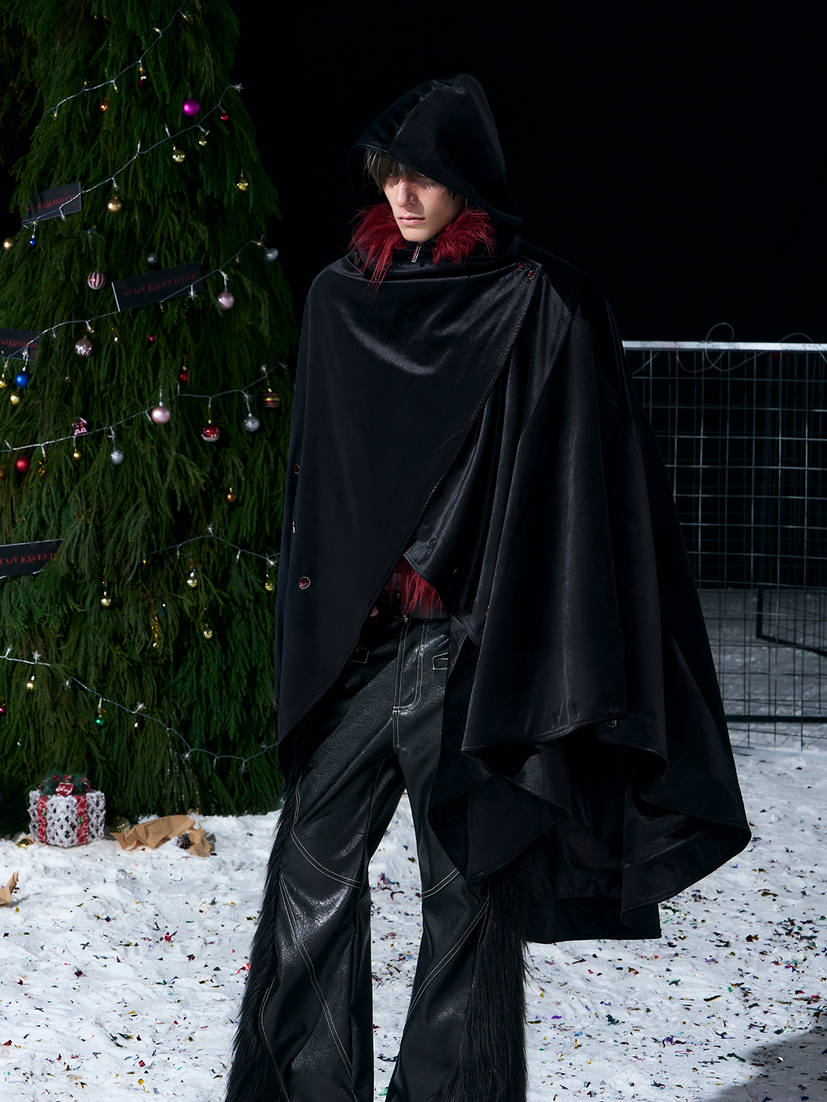 WARHORSE EMBROIDERED VELVET HOODED CLOAK-BLACK