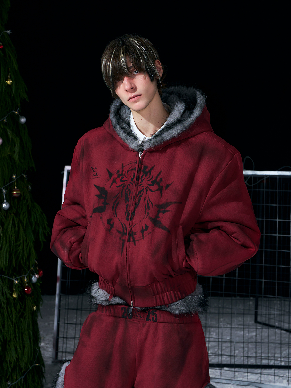 VINTAGE RED REVERSIBLE FUR HOODIE & FUR PANEL PANTS SET