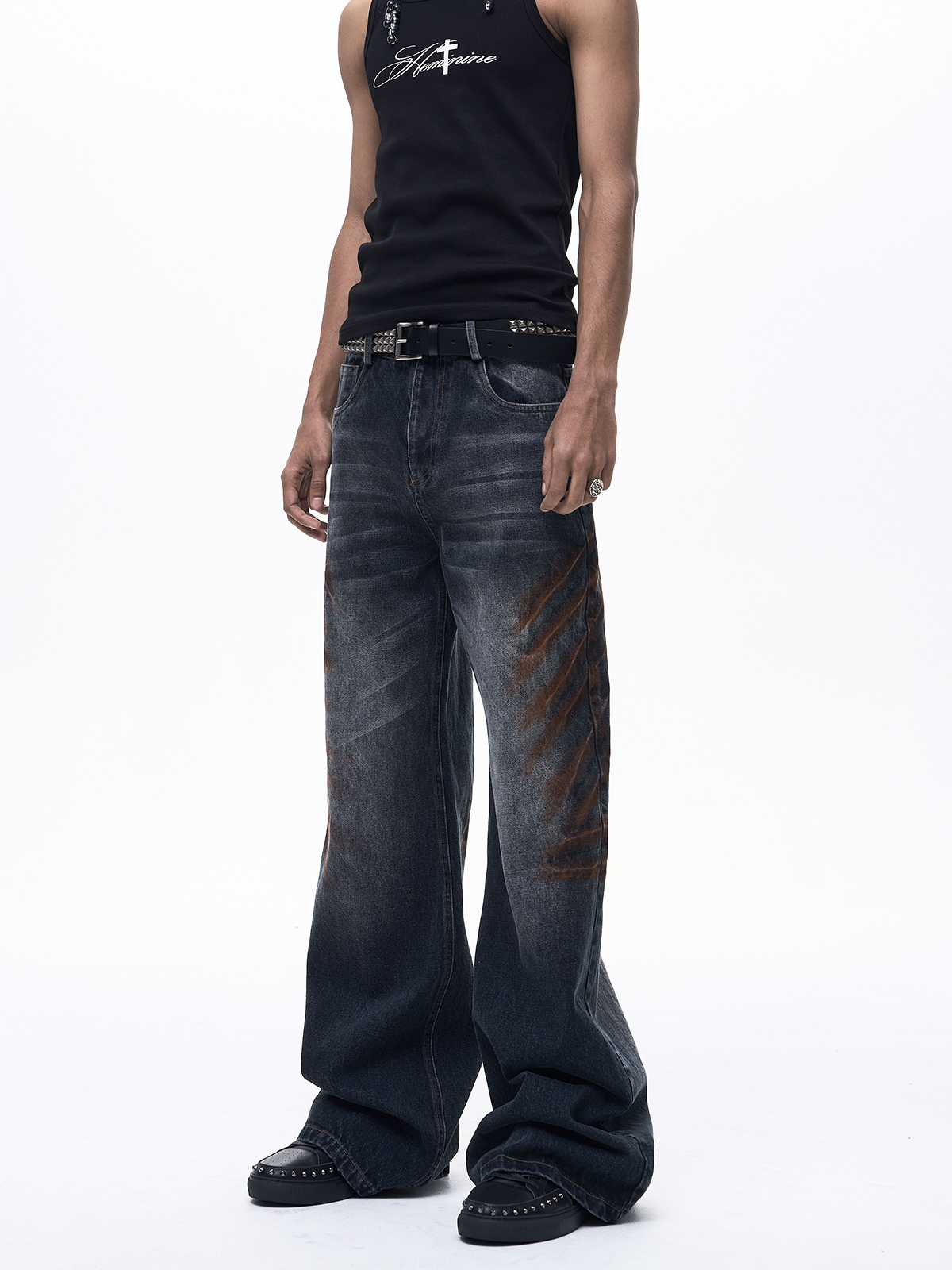 OXIDIZED WHISKER WIDE LEG DENIM-DARK BLUE