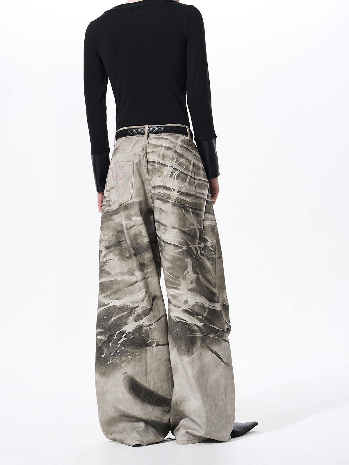 TIE-DYE DISTRESSED WIDE LEG PUDDLE DENIM