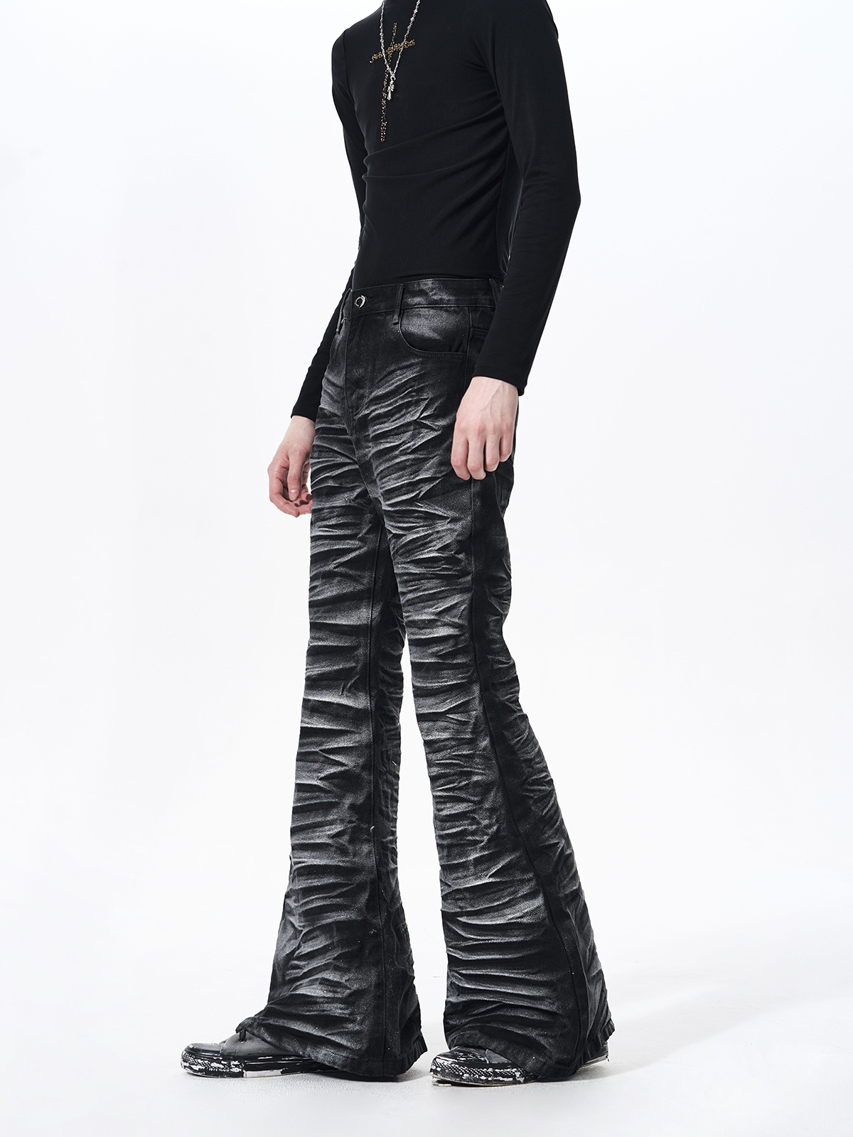 METALLIC COATED RIPPLE PLEATED FLARE DENIM