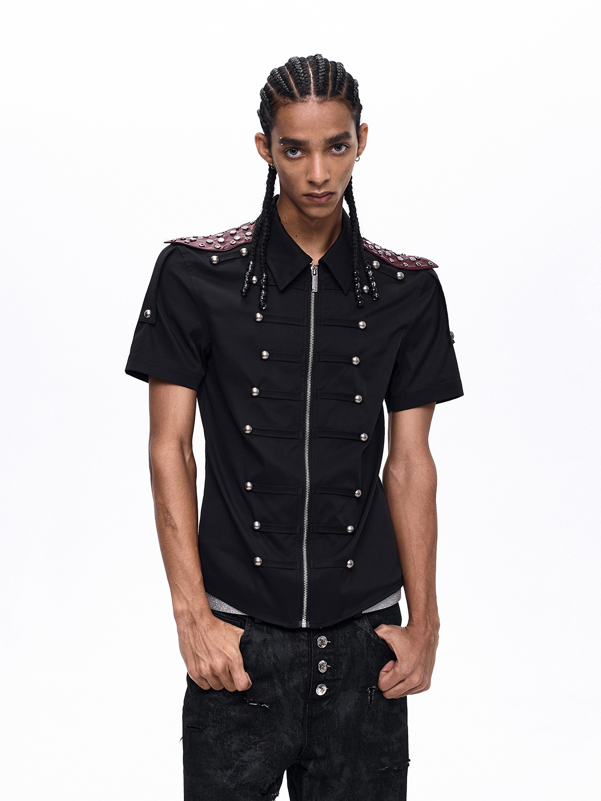 MEDIEVAL STUDDED LEATHER-PANEL ZIP SHIRT