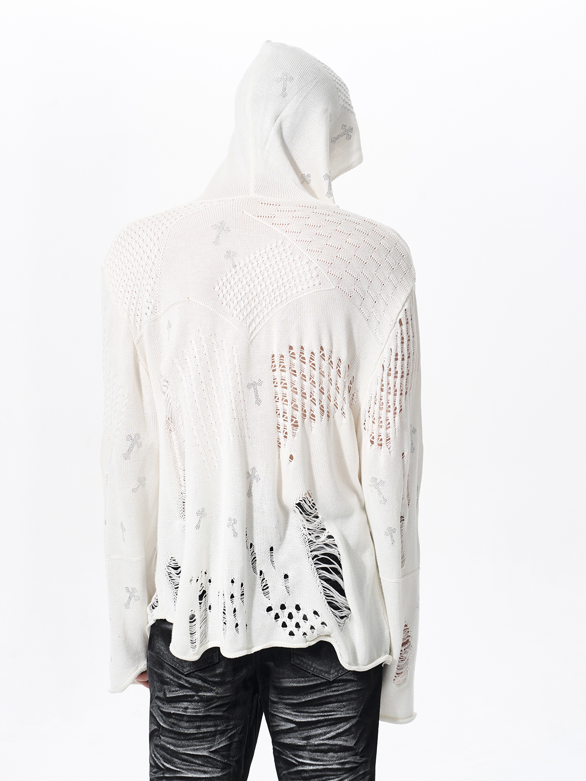 DISTRESSED CROSS RHINESTONE HOODED KNIT SWEATER-WHITE