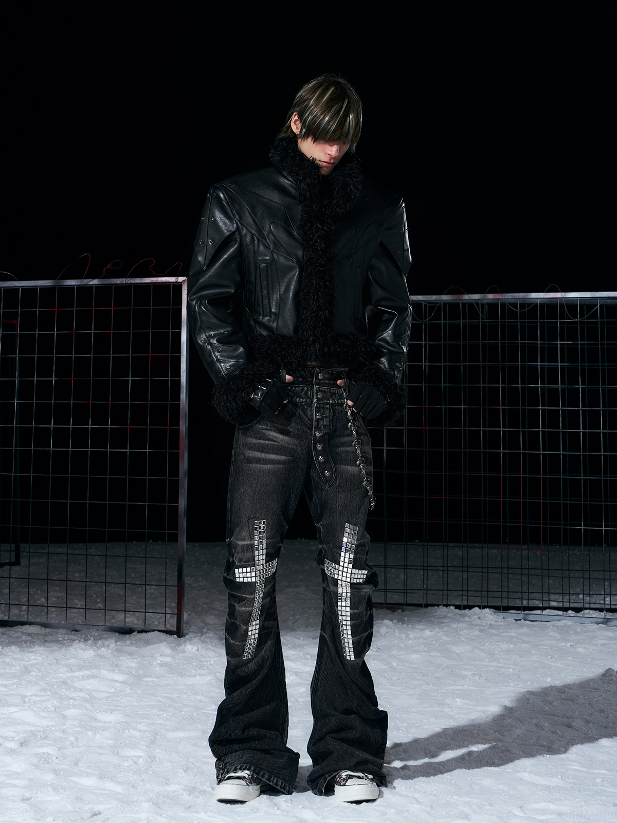 DECONSTRUCTED FUR-TRIM PADDED LEATHER JACKET