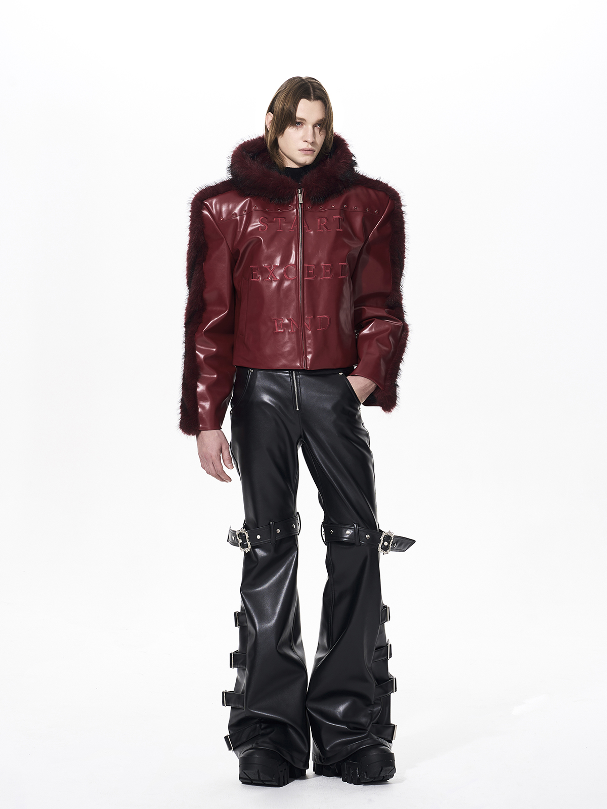 MULTI-BUCKLE STRAP RIVET FLARED PU LEATHER PANTS