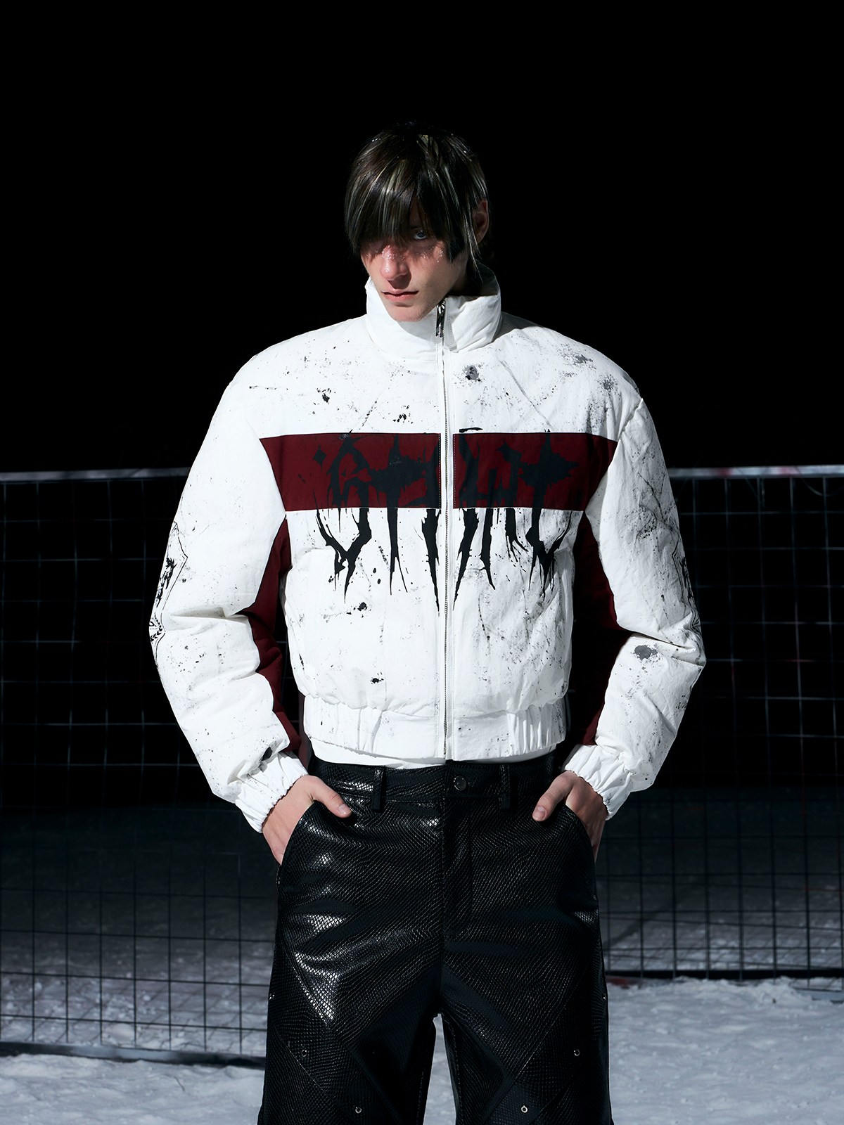 WHITE & BURGUNDY GRAFFITI SPLATTER BOMBER WITH KNIGHT PRINT