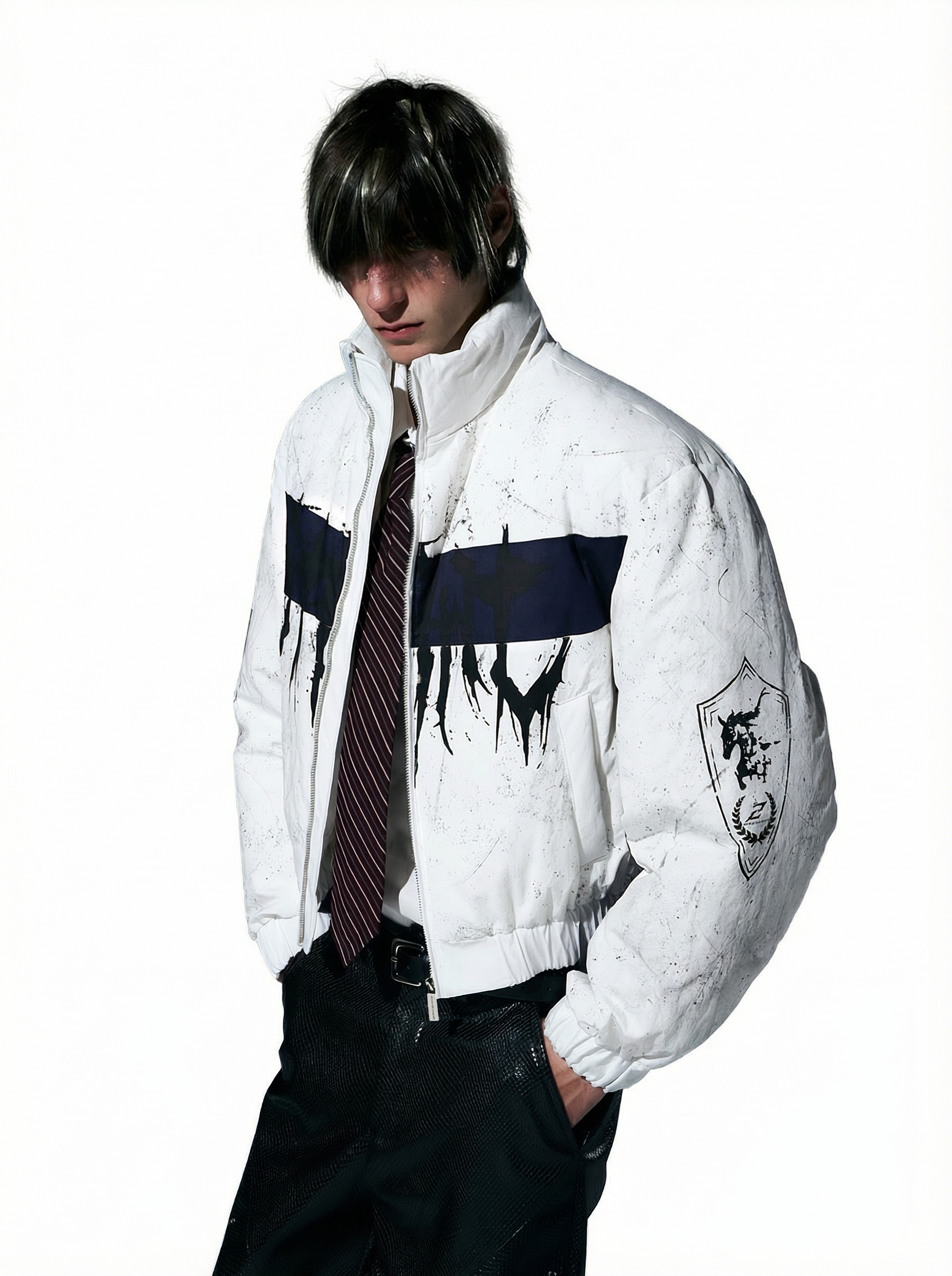 WHITE & NAVY GRAFFITI SPLATTER BOMBER WITH KNIGHT PRINT