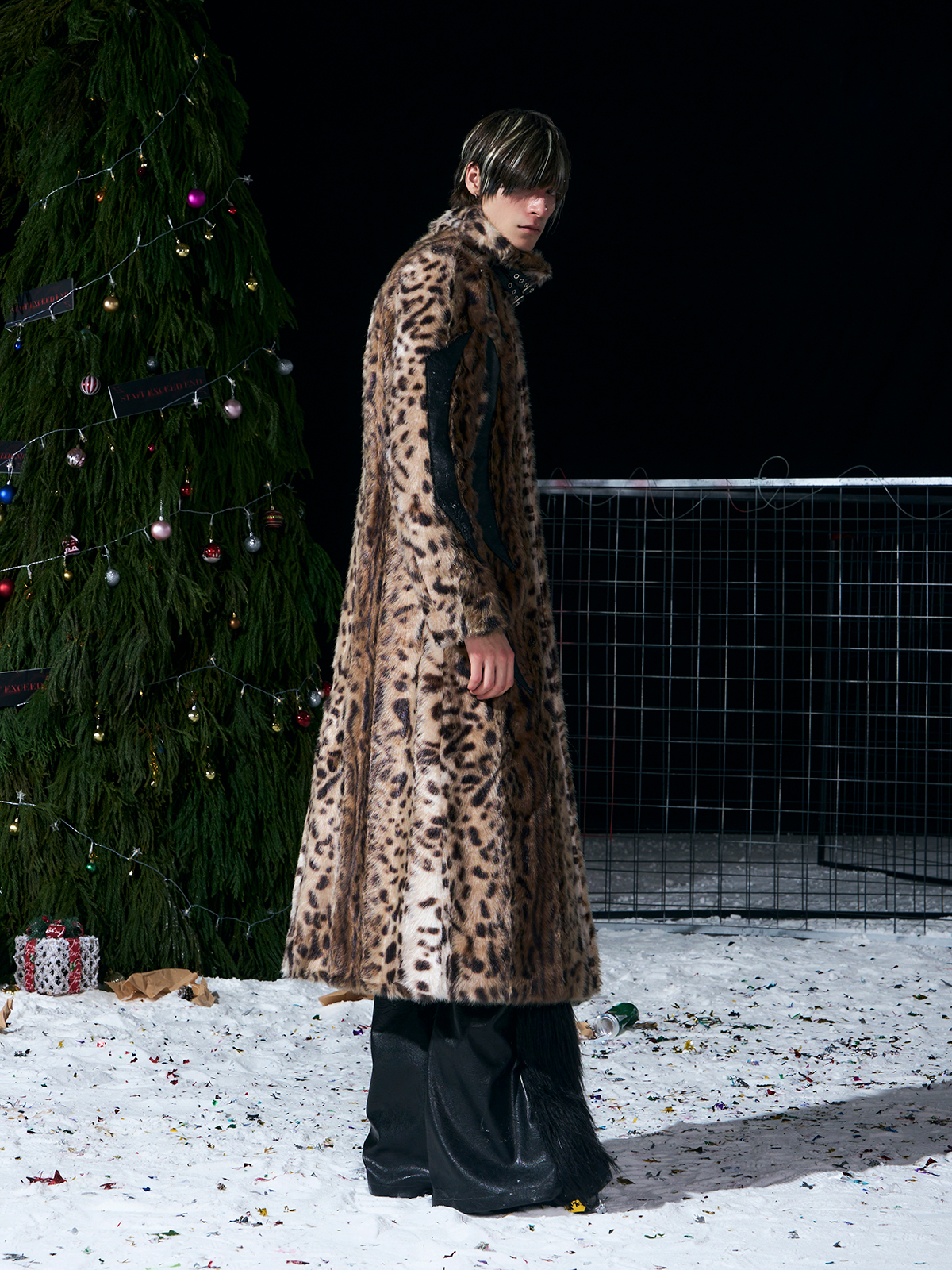 LEOPARD FAUX FUR LEATHER-PANEL MAXI COAT