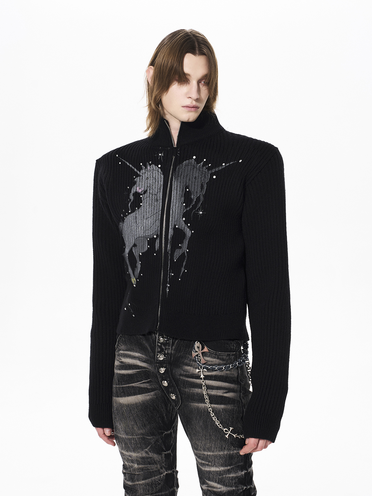 UNICORN GRAPHIC RIBBED ZIP-UP KNIT-BLACK