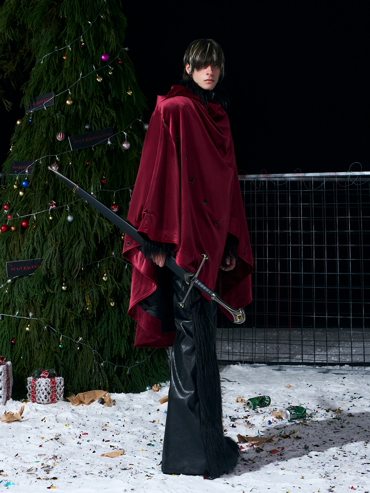 WARHORSE EMBROIDERED VELVET HOODED CLOAK-BURGUNDY