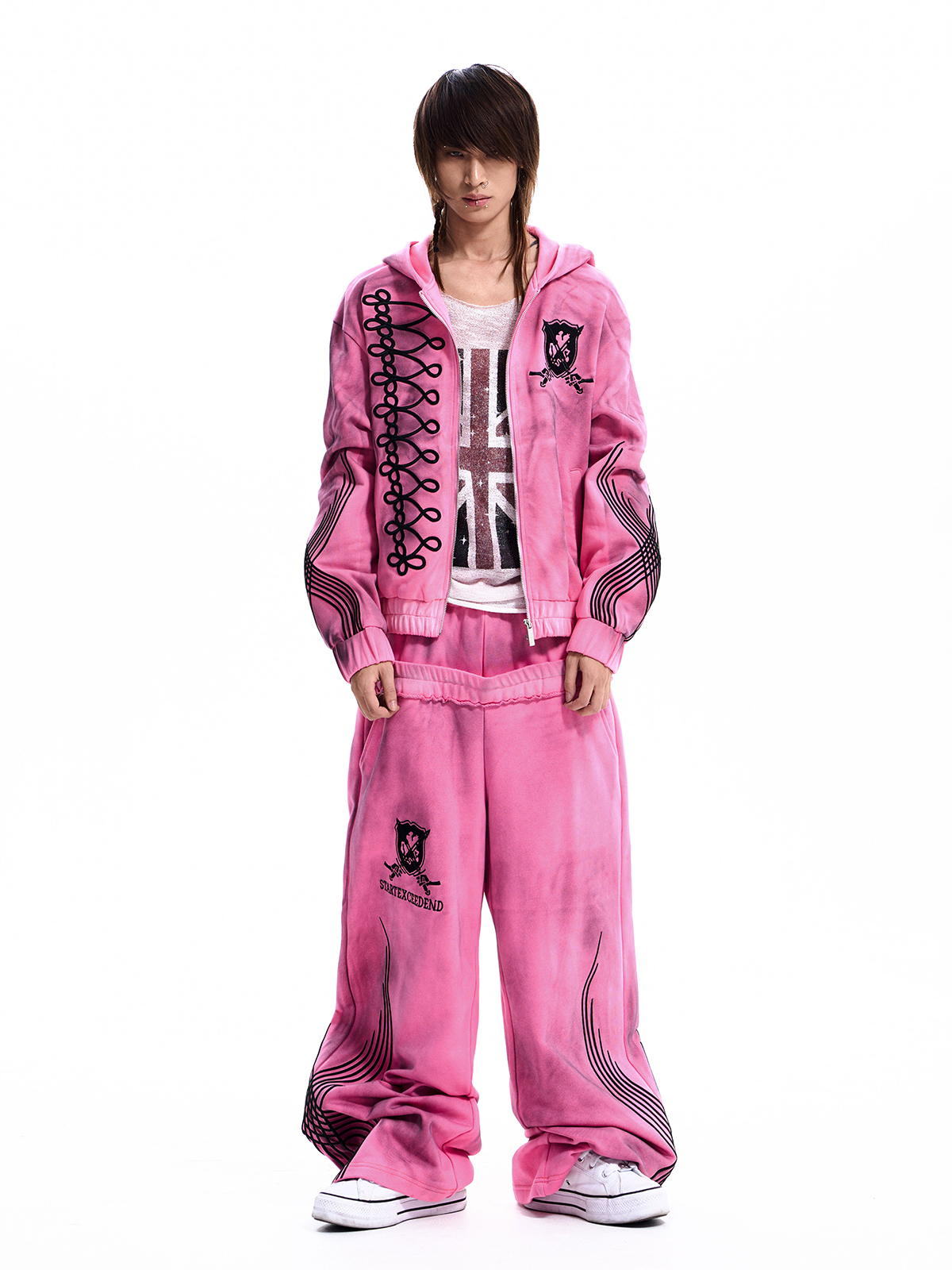 WASHED CREST DOUBLE WAIST TRACKSUIT-NEON PINK