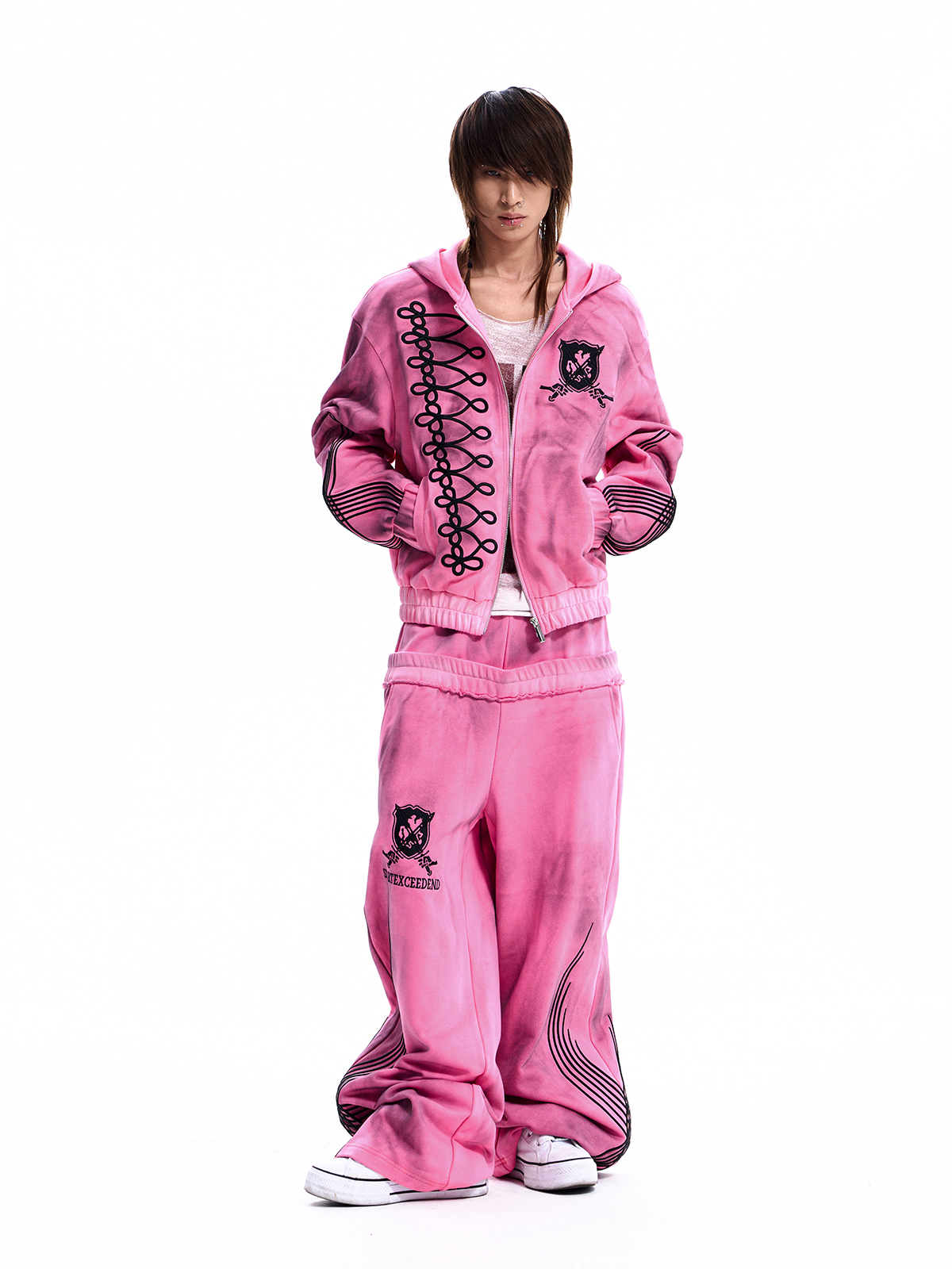WASHED CREST DOUBLE WAIST TRACKSUIT-NEON PINK