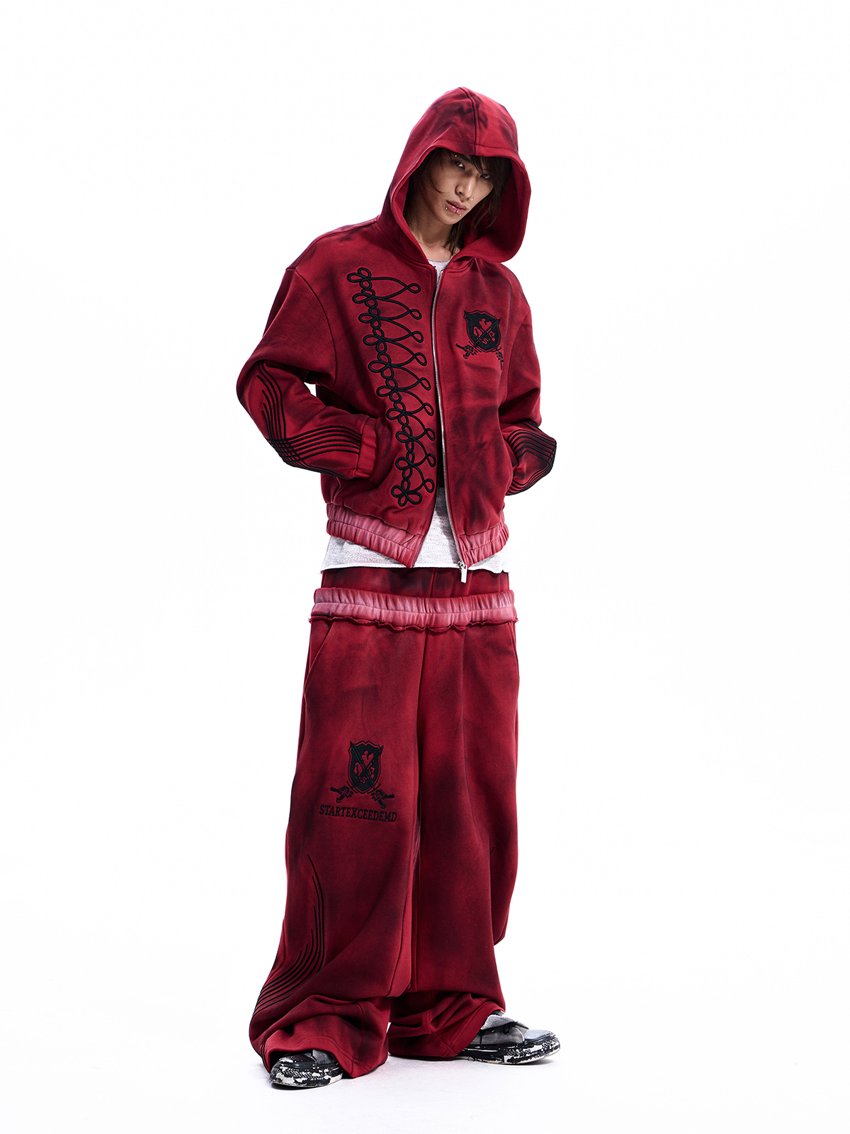WASHED CREST DOUBLE WAIST TRACKSUIT-RED
