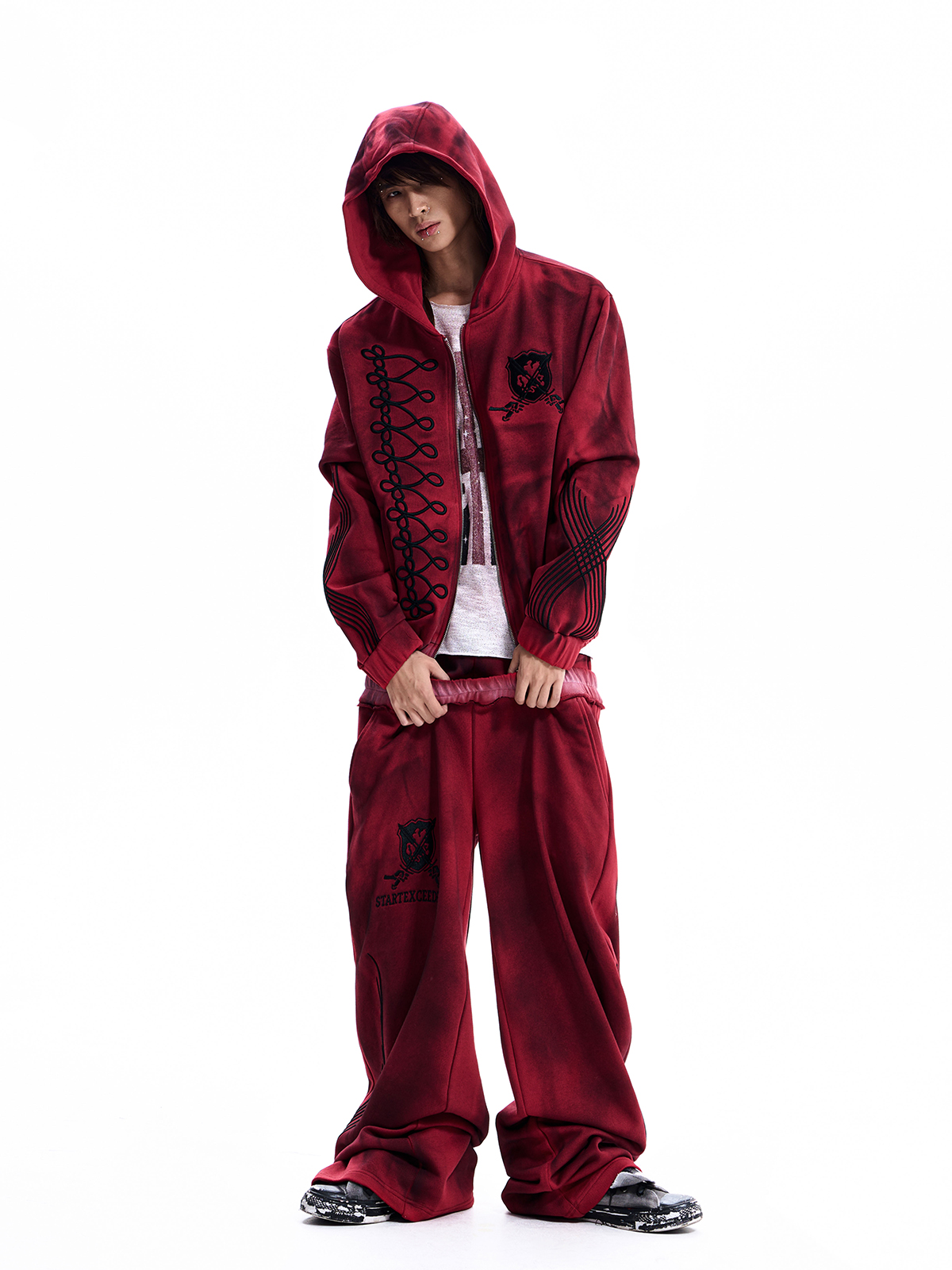 WASHED CREST DOUBLE WAIST TRACKSUIT-RED