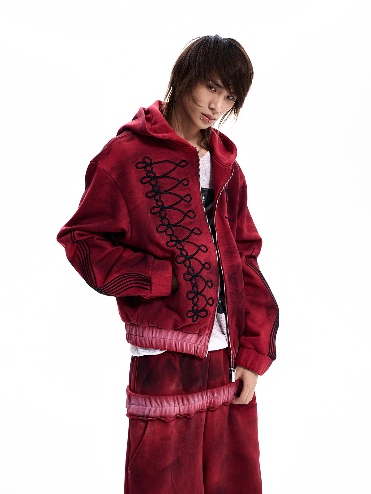 WASHED CREST DOUBLE WAIST TRACKSUIT-RED