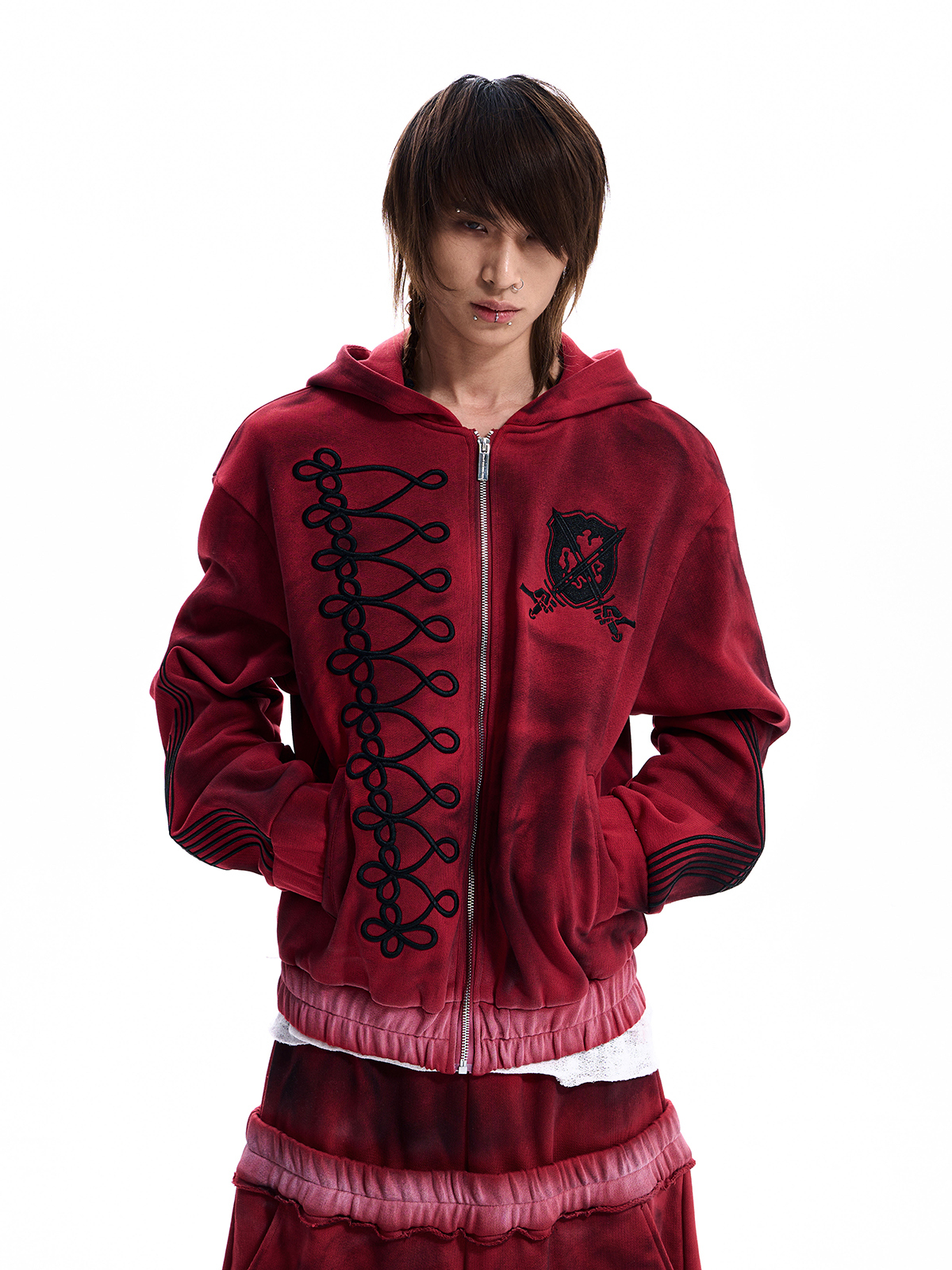 WASHED CREST DOUBLE WAIST TRACKSUIT-RED