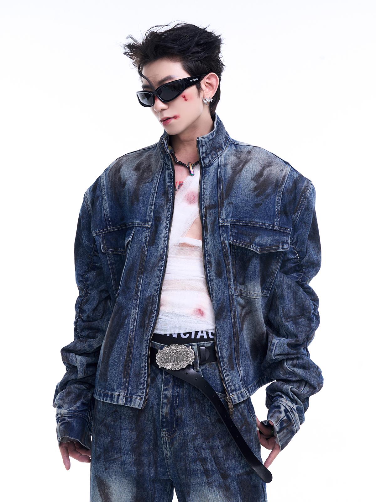 MUD WASH RUCHED DENIM JACKET & FLARED JEANS SET-START EXCEED END