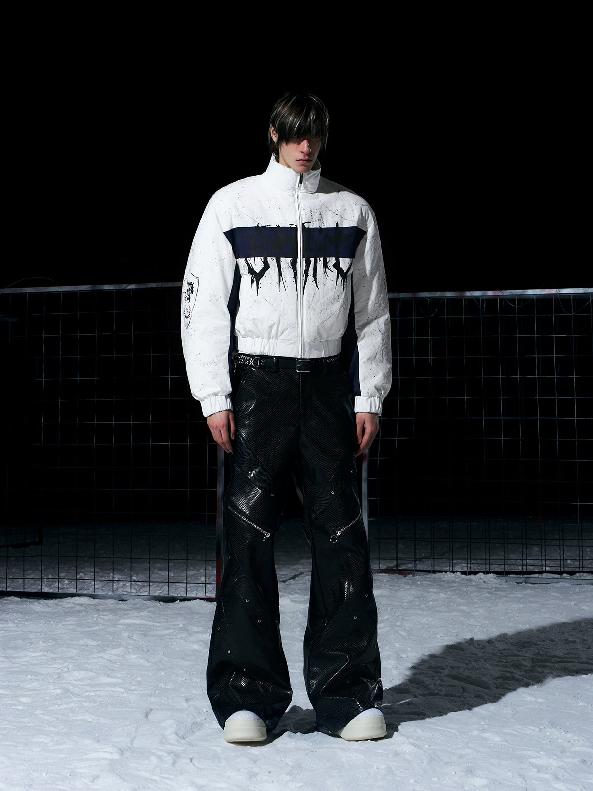 WHITE & NAVY GRAFFITI SPLATTER BOMBER WITH KNIGHT PRINT