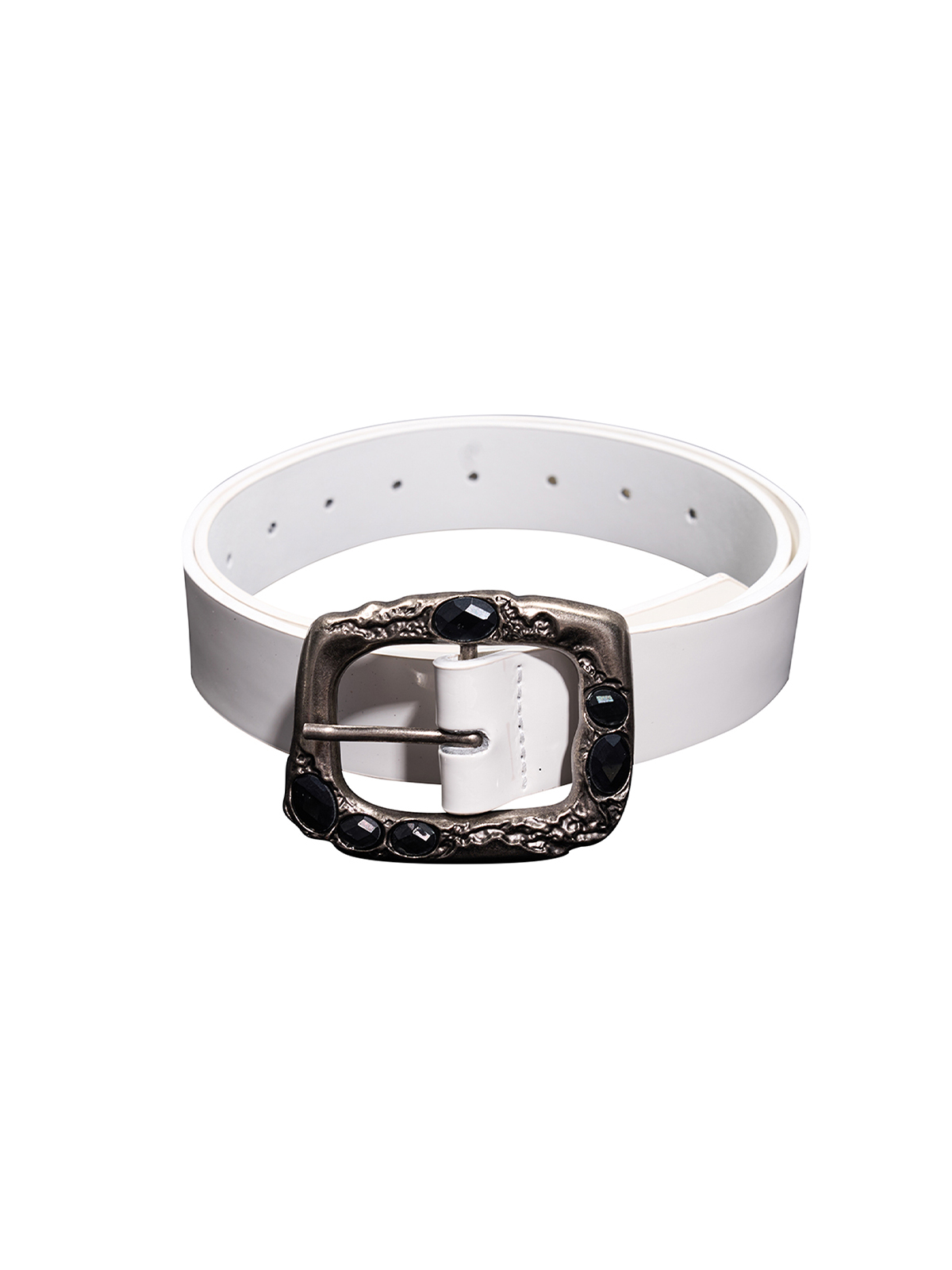 VINTAGE GEMSTONE BUCKLE LEATHER BELT-WHITE