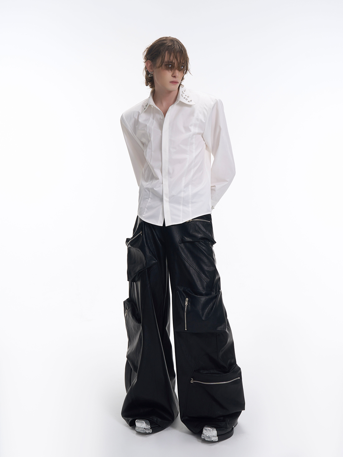 CRYSTAL COLLAR & CUFF CONCEALED PLACKET SHIRT - WHITE-START EXCEED END