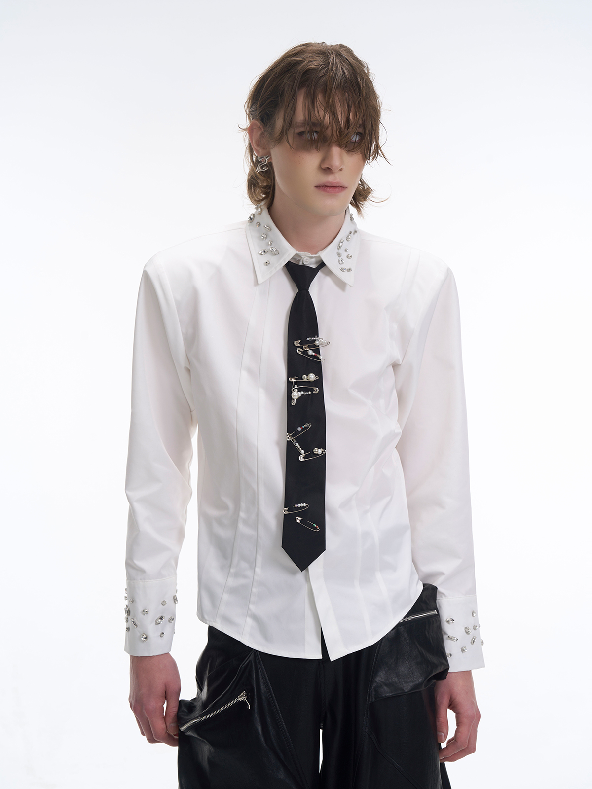 CRYSTAL COLLAR & CUFF CONCEALED PLACKET SHIRT - WHITE-START EXCEED END