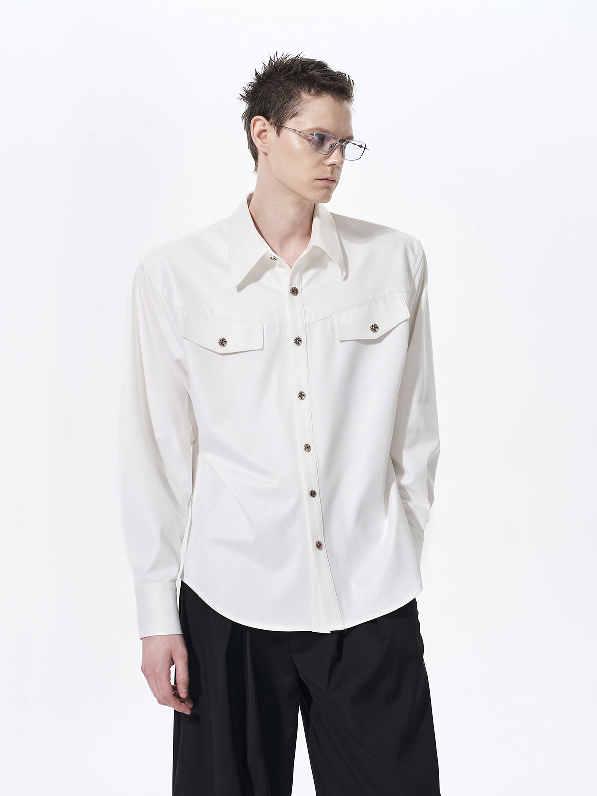 FAUX ACETATE STRUCTURED SHOULDER SHIRT-WHITE