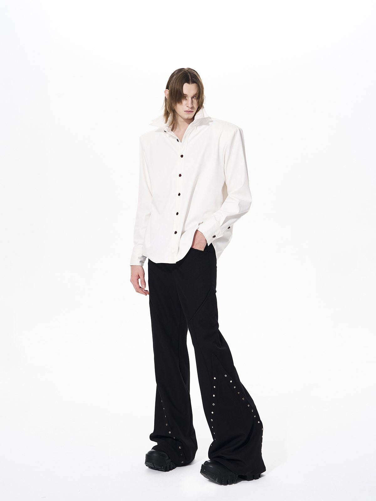 DOUBLE-COLLAR GEM-BUTTON STRUCTURED SHIRT-WHITE