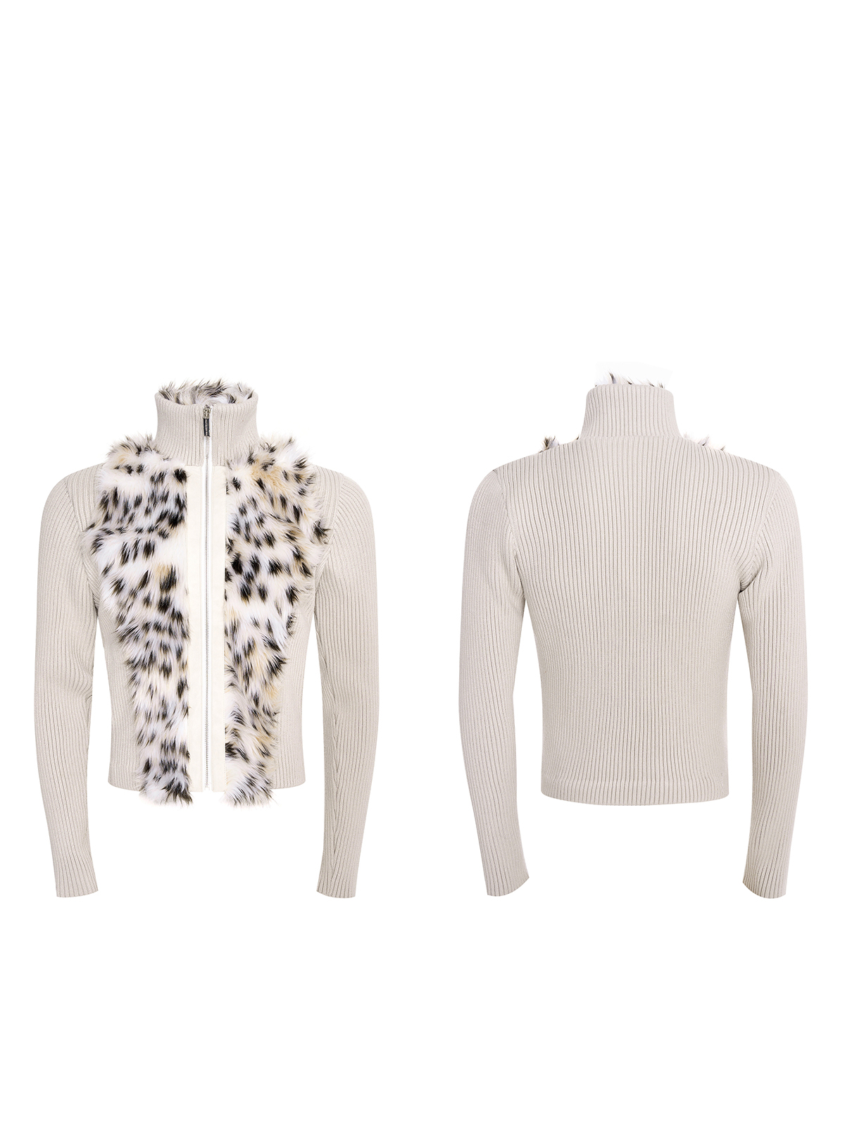 BEIGE LEOPARD FUR KNIT ZIP-UP