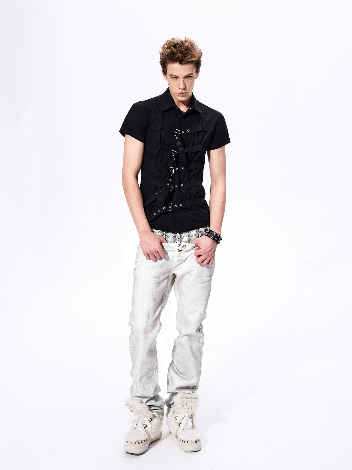 SNAKESKIN WAISTBAND STRAIGHT JEANS