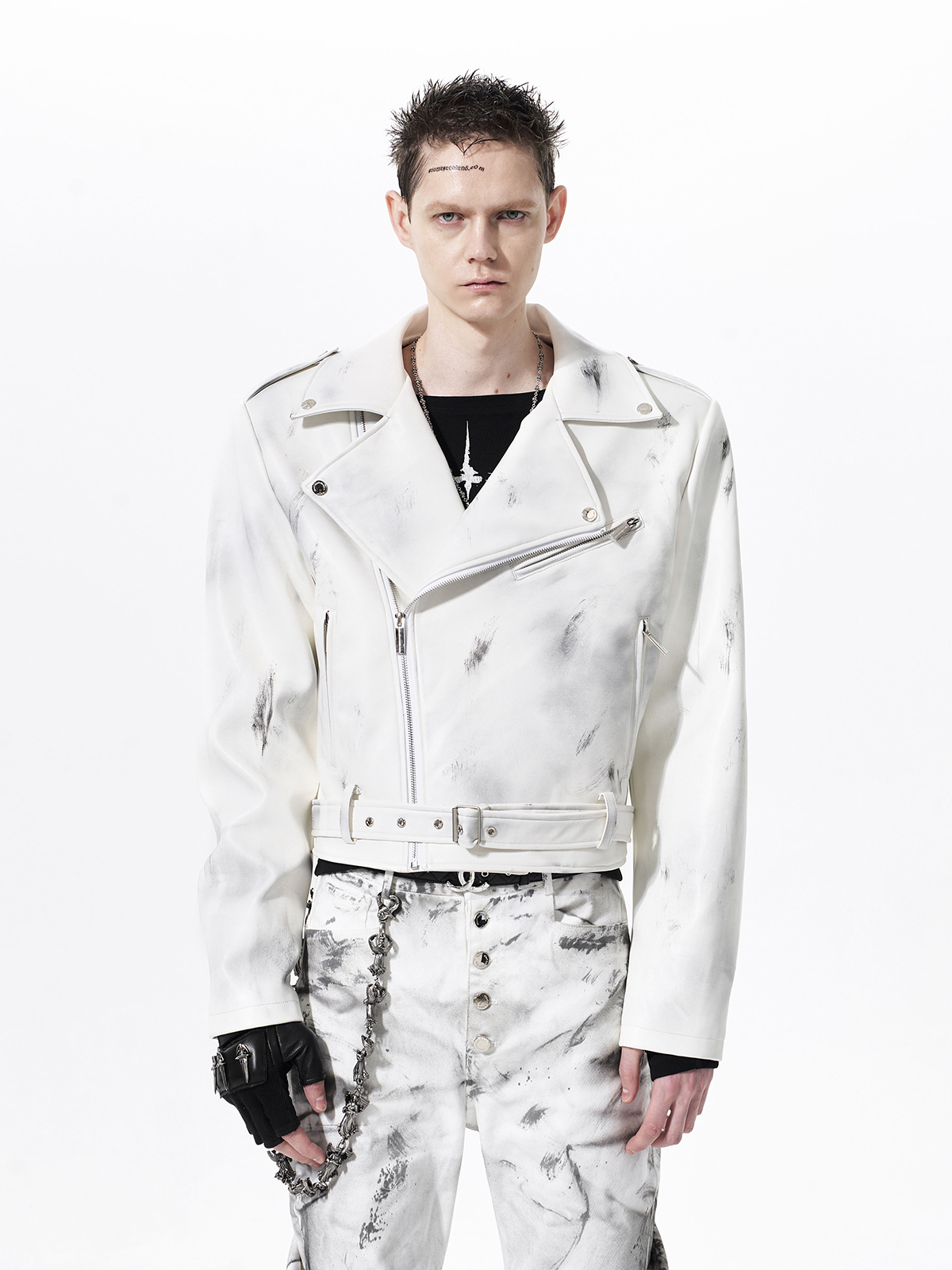 DISTRESSED WAR HORSE BIKER JACKET-WHITE