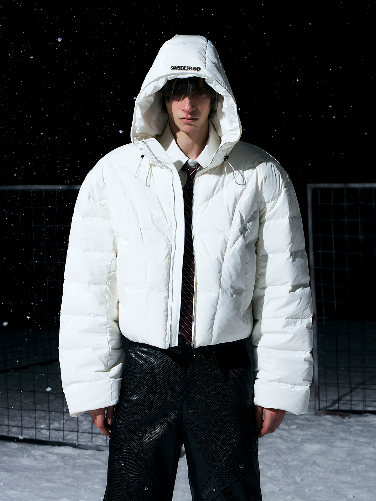 ARCTIC WHITE HIGH-GLOSS CROPPED HOODED PUFFER