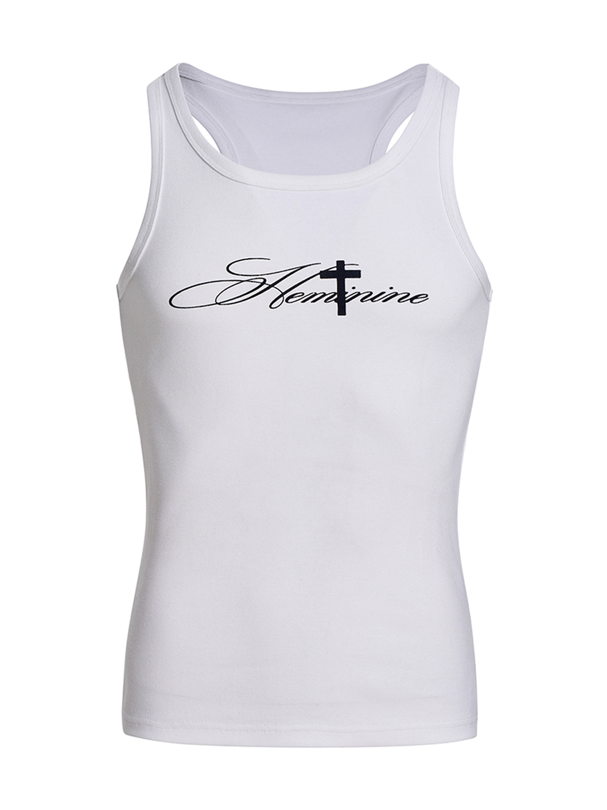 GOTHIC CROSS PRINT RIBBED TANK TOP-WHITE