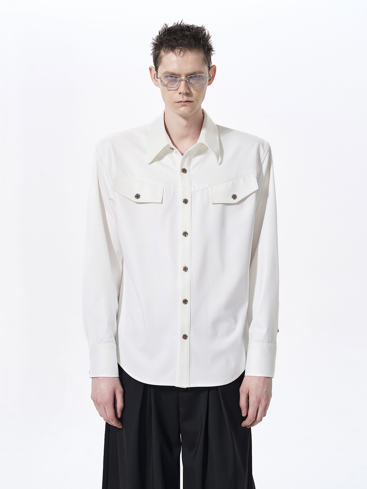 FAUX ACETATE STRUCTURED SHOULDER SHIRT-WHITE