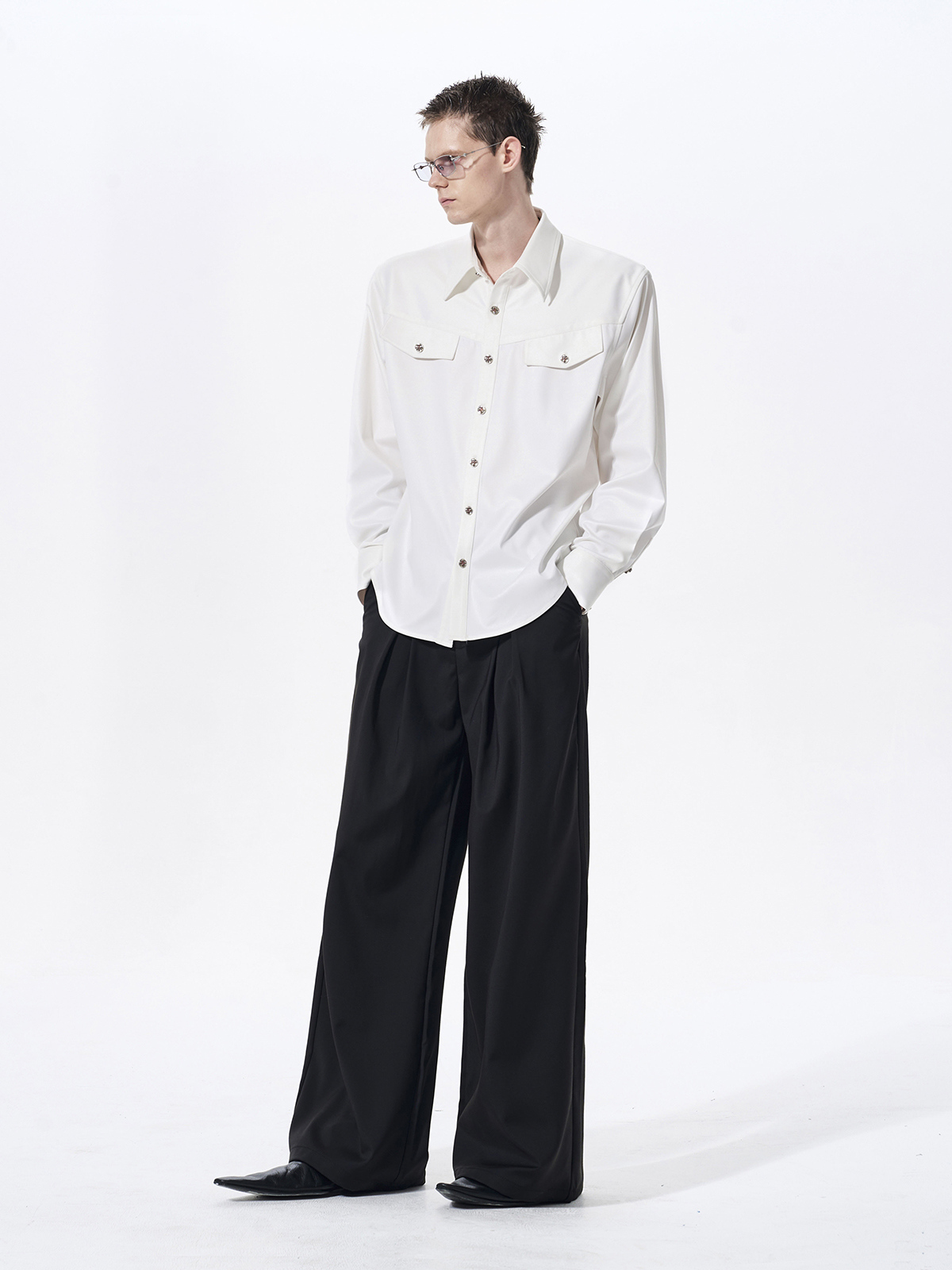 FAUX ACETATE STRUCTURED SHOULDER SHIRT-WHITE