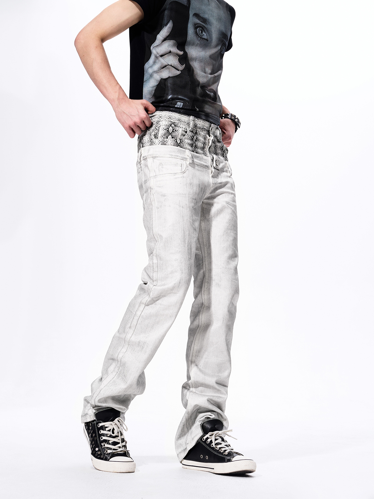 SNAKESKIN WAISTBAND STRAIGHT JEANS