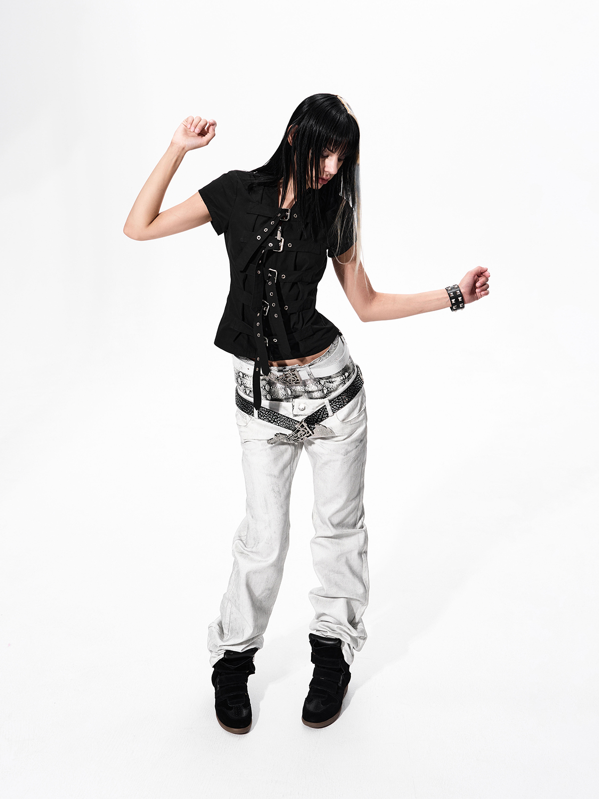 SNAKESKIN WAISTBAND STRAIGHT JEANS