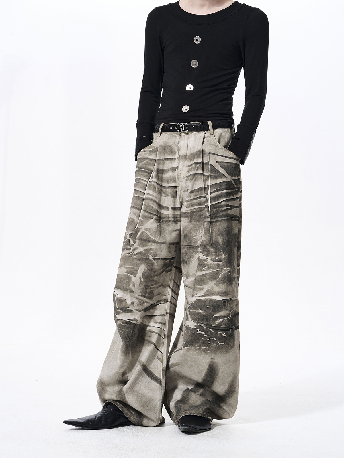 TIE-DYE DISTRESSED WIDE LEG PUDDLE DENIM