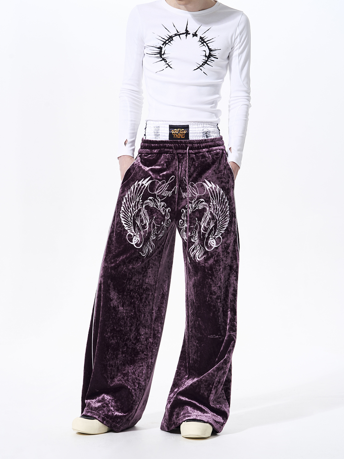 CRUSHED VELVET EMBROIDERED TRACKSUIT SET-PLUM PURPLE