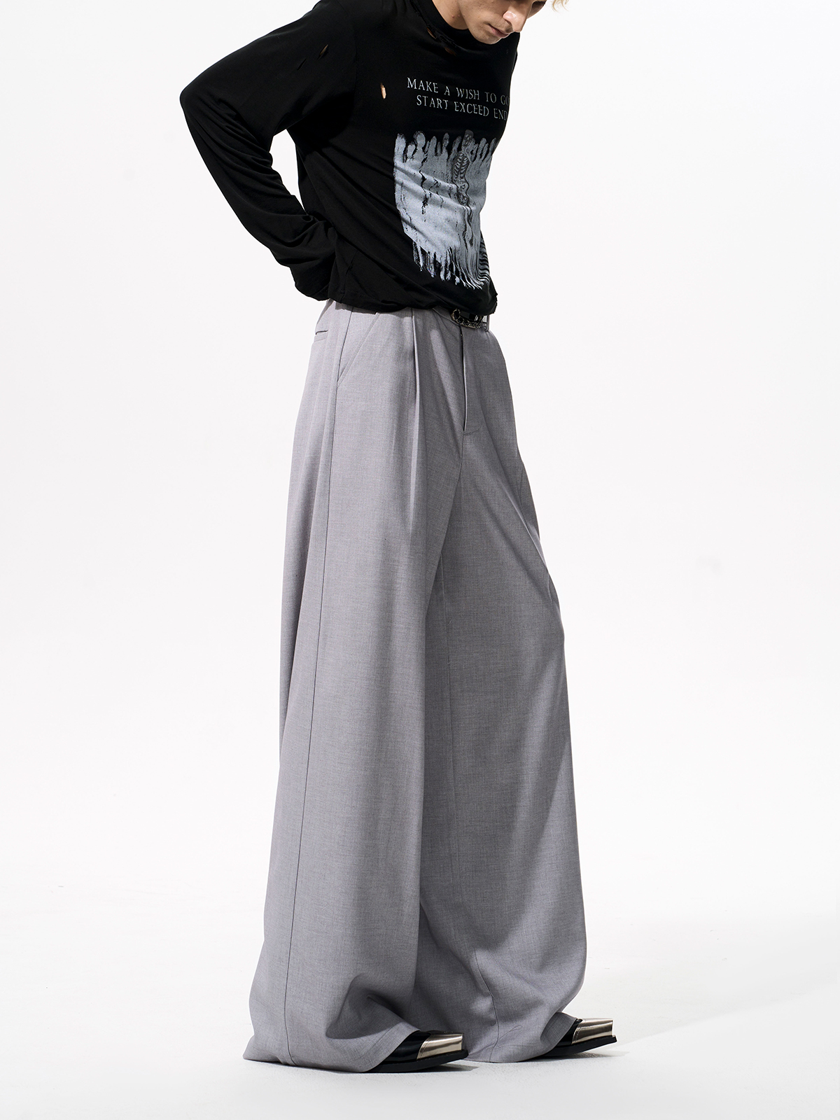 DETACHABLE LEATHER COLLAR SCULPTED SUIT SET-GREY