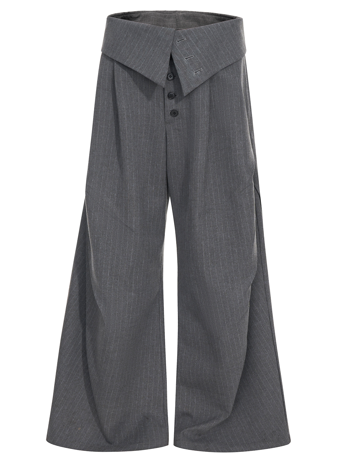 FOLD-OVER WAIST PINSTRIPE WIDE-LEG TROUSERS-GREY