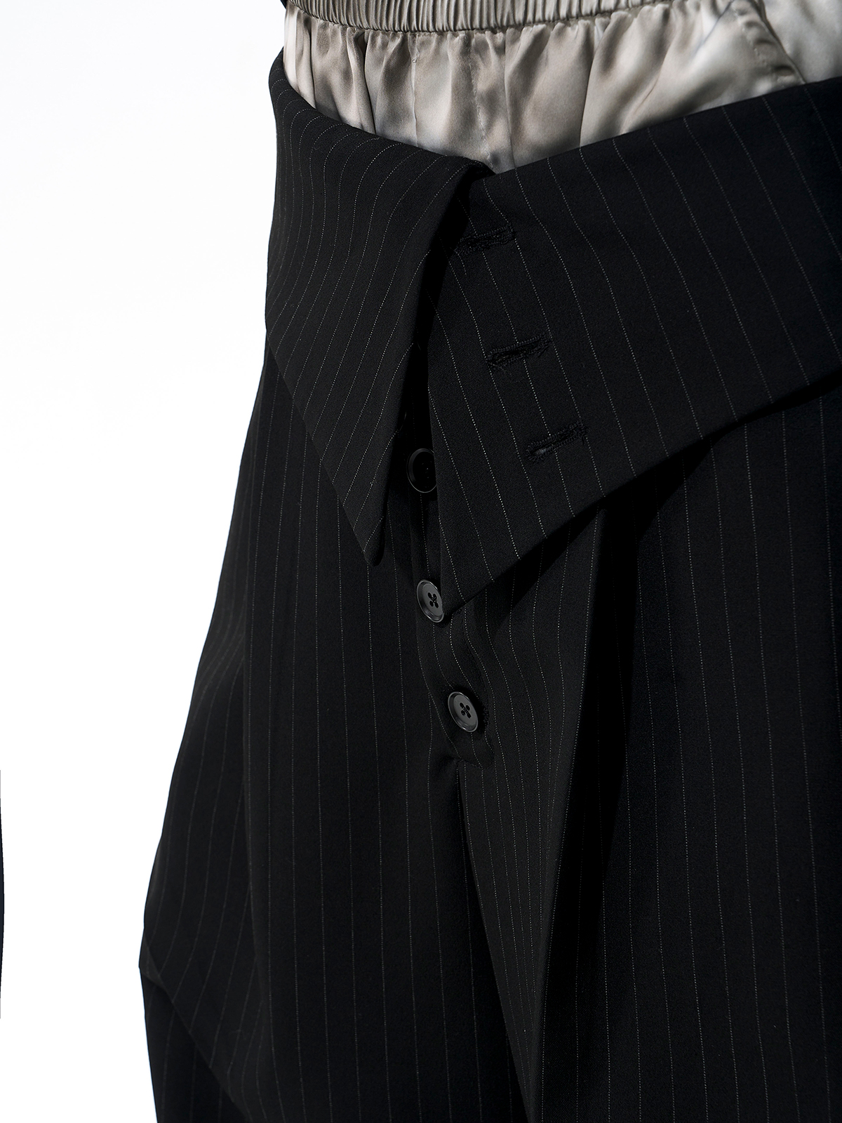 FOLD-OVER WAIST PINSTRIPE WIDE-LEG TROUSERS-BLACK