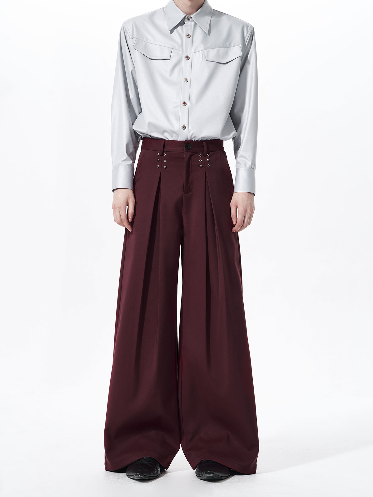 STRUCTURED CINCHED WAIST STUDDED SUIT SET-BURGUNDY